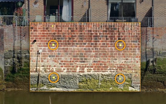 Amongst other jobs, we are currently monitoring a wall and riverbank weekly on the River Arun in Arundel. (Note the permanent yellow monitoring targets.)