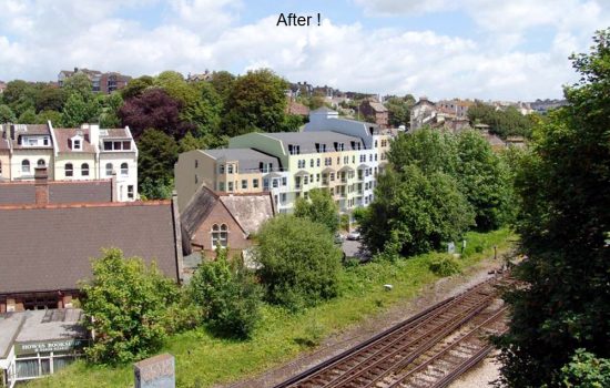 This is the same view incorporating a 3D model of a proposed development showing how the site could look after construction.