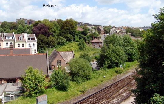 This is a verified view taken from a road bridge near a site in Hastings using a 35mm lens from a GPS derived position showing the site as is.