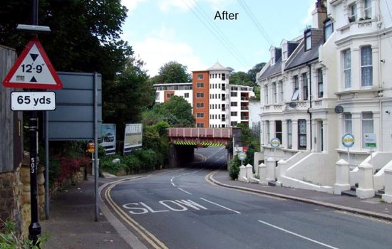 This is the same view incorporating a 3D model of a proposed development showing how the site could look after construction.