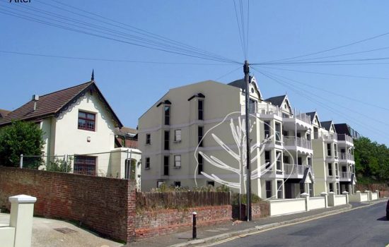 This is the same view incorporating a 3D model of a proposed development showing how the site could look after construction. The white tree outline indicates how the site may be softened with strategic planting of trees and greenery.