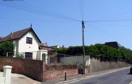 This is a verified view taken from the road outside a site in St Leonard’s-on-Sea using a 35mm lens from a GPS derived position showing the site as is.